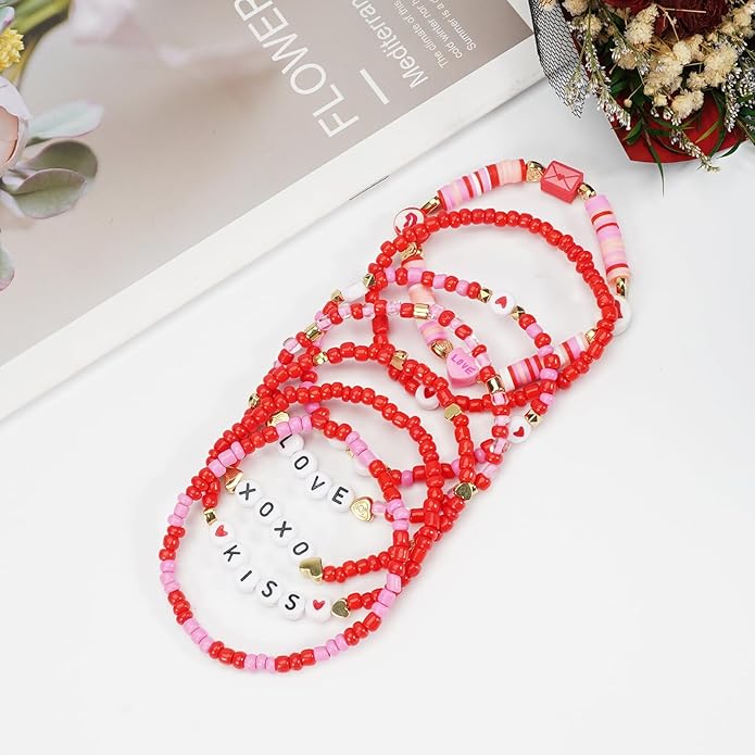 Beaded Bracelet for Women Pink Love Heart Stretch Bracelets Accessories