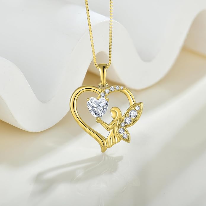 Guardian Angel Necklace 925 Sterling Silver Heart Angel Wings Pendant Birthstone Jewelry for Women