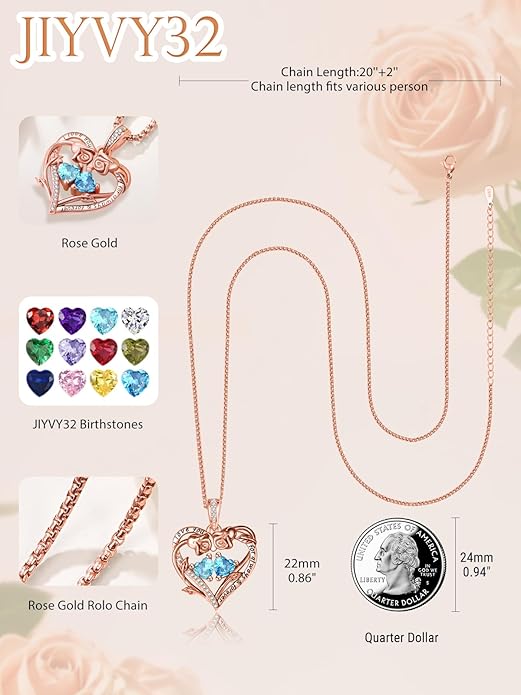 Rose Heart Necklaces for Women, Rose Gold Forever Love Jewelry with 2 Birthstones Pendant,Valentines Anniversarry Birthday Gifts for Her Wife Mom Grandma Daughter, 18+2 Inch Chain