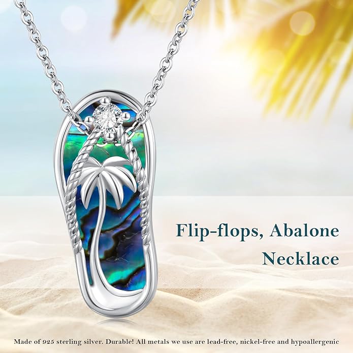 Midir&Etain Ocean Necklace 925 Sterling Silver Blue Opal Necklace Starfish/Flip Flop/Shark Pendant Beach Ocean Jewelry for Women