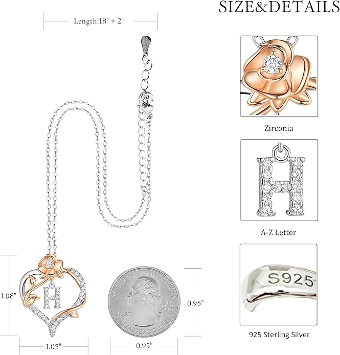 Valentines Day Gifts Rose Heart Letter Initial Necklace for Women, S925 Sterling Silver Pendant Necklace Adjustable Dainty Rose Flower Jewelry Gift for Her