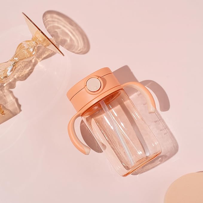Richell On-the-Go Sippy Cup with Silicone Straw and Removable Handles, 10 oz, Easy Grip for Infant-Toddlers Peach