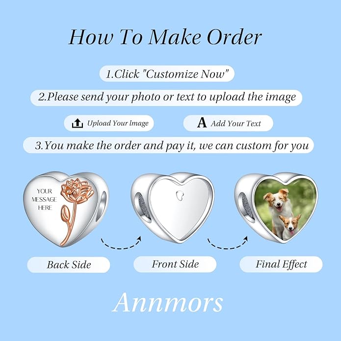 Annmors Personalized Photo Charm for Bracelet Necklaces,925 Sterling Silver Charm Love Heart Shaped Engraved Customize Picture Gift for Birthday Mother's Day Christmas,Bead Charms Jewelry for Women