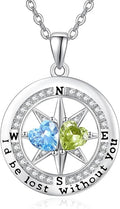 Compass Necklace for Women, Exquisite S925 Valentines Day Anniversary Birthday Gifts for Wife Her Double Birthstone Pendant Jewelry ‘I'd be Lost Without You’