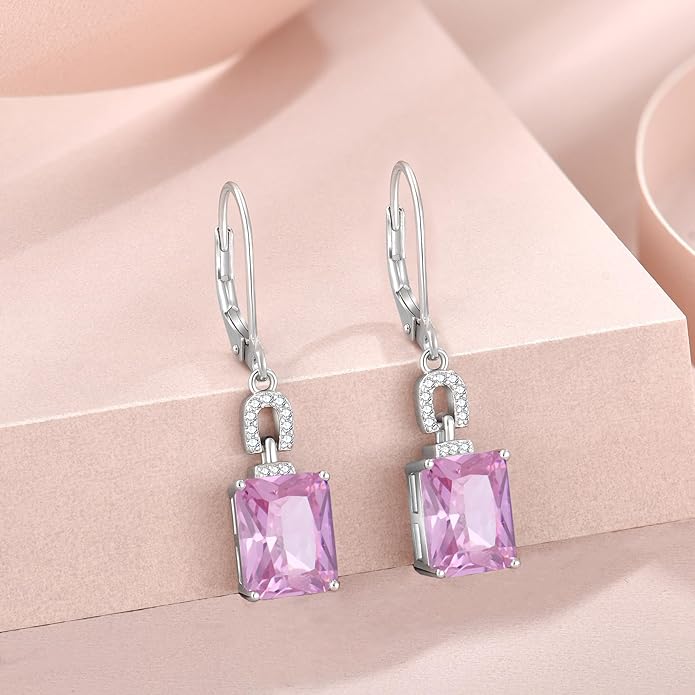 Emerald Cut Earrings 925 Sterling Silver Baguette Birthstone Dangle Drop Leverback Earrings Jewelry Gifts for Women