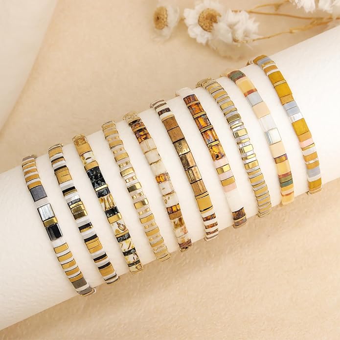 Sonateomber Tila Flat Beaded Stretch Bracelets for Women, Trendy Unique Colorful Square Beads Handmade Stack Bracelet Friendship Accessories Fashion Jewelry Gift