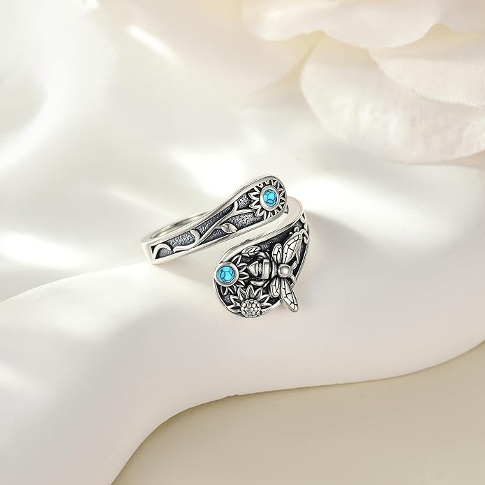 MONGAS Bee Ring Sterling Silver Created Turquoise Adjustable Spoon Ring Vintage Bee Jewelry Gifts for Women