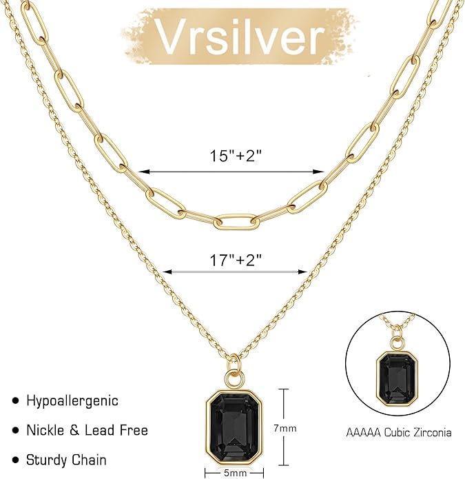 Layered Birthstone Necklace for Women Girls, 14K Gold-Plated Paperclip Chain Choker Necklace with Rectangle Birthstone Pendant Birthday Gifts for Women Girls Dainty Small