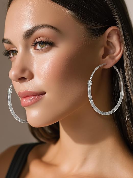 KeyStyle Mesh Hoop Earrings for Women, Stainless Steel Gold Hoops Earring Lightweight Loops, 2MM Thick Hypoallergenic Circle Endless Hollow Hoop 20mm-80mm