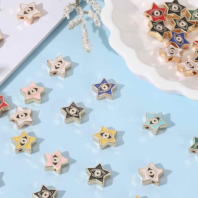 MECCANIXITY 20 Pcs Star Evil Eye Beads Colorful Flat Loose Spacer Evil Eye Charms for DIY Bracelet Earrings Necklace Crafts Jewelry Making, Black