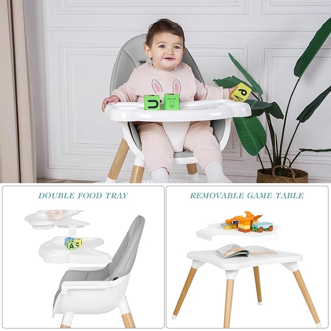 6 in 1 High Chair for Babies & Toddlers, Convertible Wooden Baby Highchair, Table and Chair Set, Baby Feeding Chair, 5-Point Adjustable Harness/4-Position Removable Tray& PU Seat Cushion(Grey)