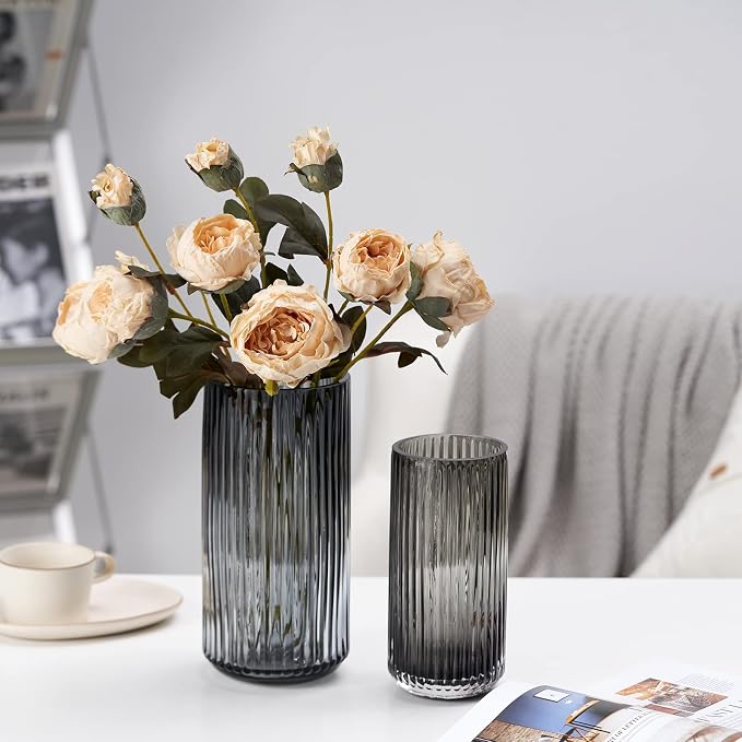 Flower Vase 7.5 inch Grey Thickened Hand Blow Glass Vase Round Vintage Striped - Image 5