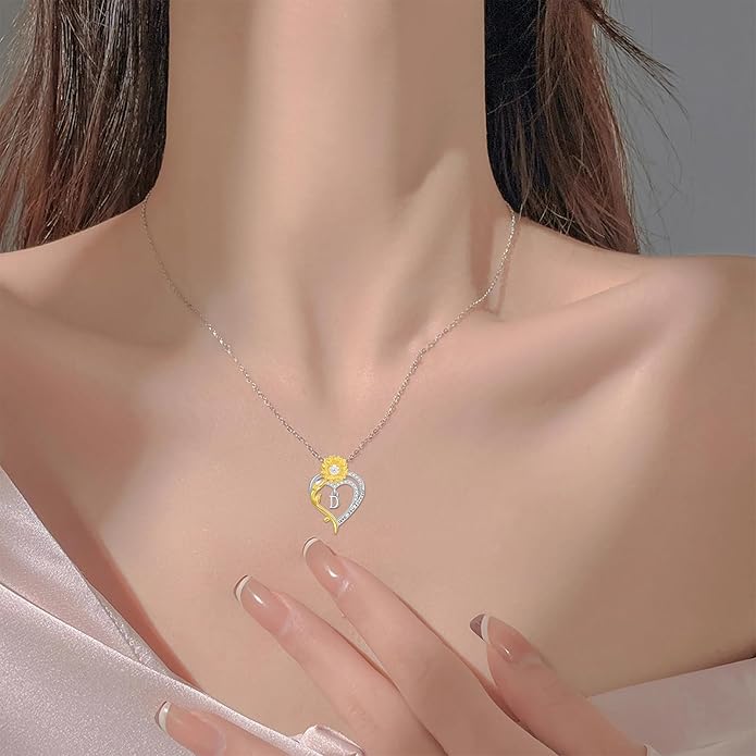 Initial Necklace 925 Sterling Silver Sunflower Heart Letter Pendant Alphabet Anniversary Birthday Jewelry Gifts for Women Mom Girlfriend Wife Her