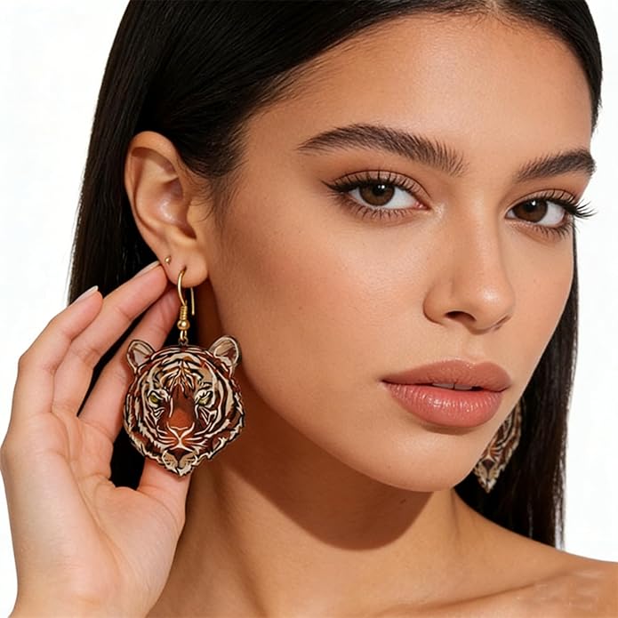 WCRAZYE Tiger Head Earrings for Women, Lightweight Gold, Football Team Spirit Mascot, Animal Inspired Game Day Jewelry