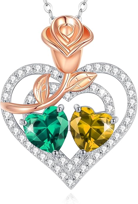 AGVANA Valentines Day Gifts Birthstone Necklace for Women Sterling Silver Rose Flower Heart Double Birthstone Jewelry Pendant Necklace Anniversary Birthday Gifts for Women Mom Wife Girlfriend Her