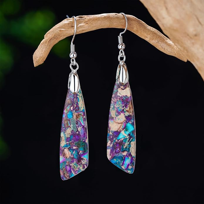 Boho Women Natural Stone Earrings Unique Healing Imperial Jasper Gemstone Energy Hypoallergenic Lightweight Dangle Drop Earrings Multiple Styles Earrings Jewelry for Birthday Party Gift