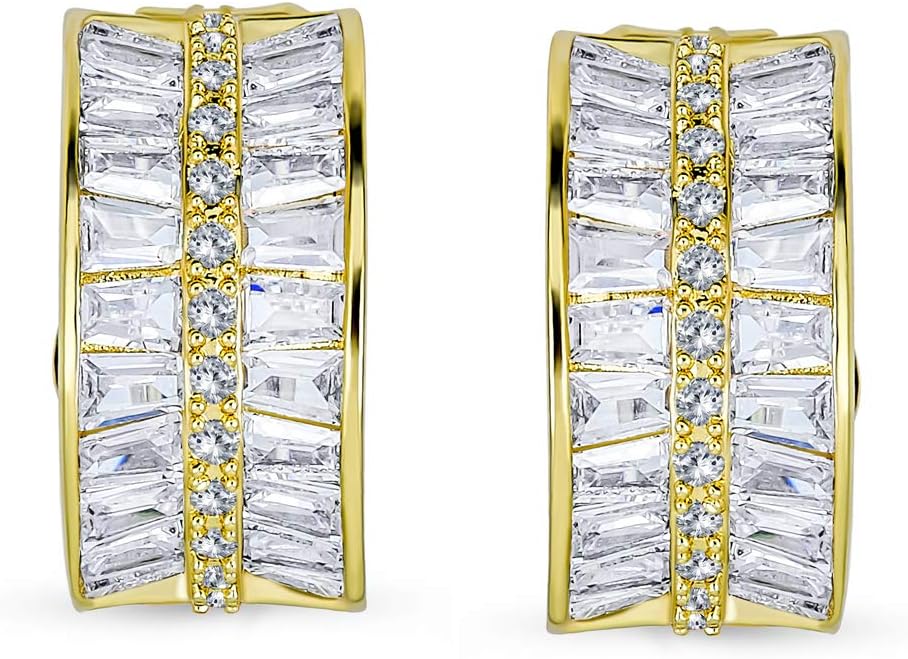 Fashion Bridal Wedding 3 Row Pave Crystal Dome Endless Hinged Huggie Hoop Clip On Earrings For Women Non Pierced Ears Yellow Gold Silver Plated