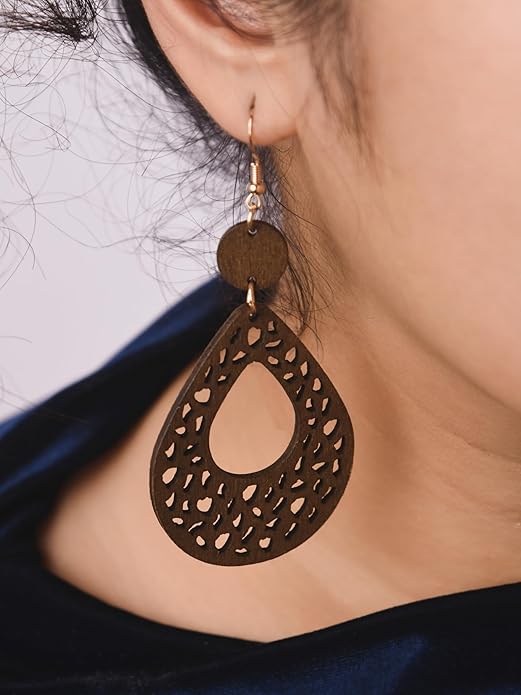 MINACHI Bohemian Hollow Cut-Out Wood Leather Dangle Drop Earrings, Boho Chic Hippie Statement Jewelry Gift for Women