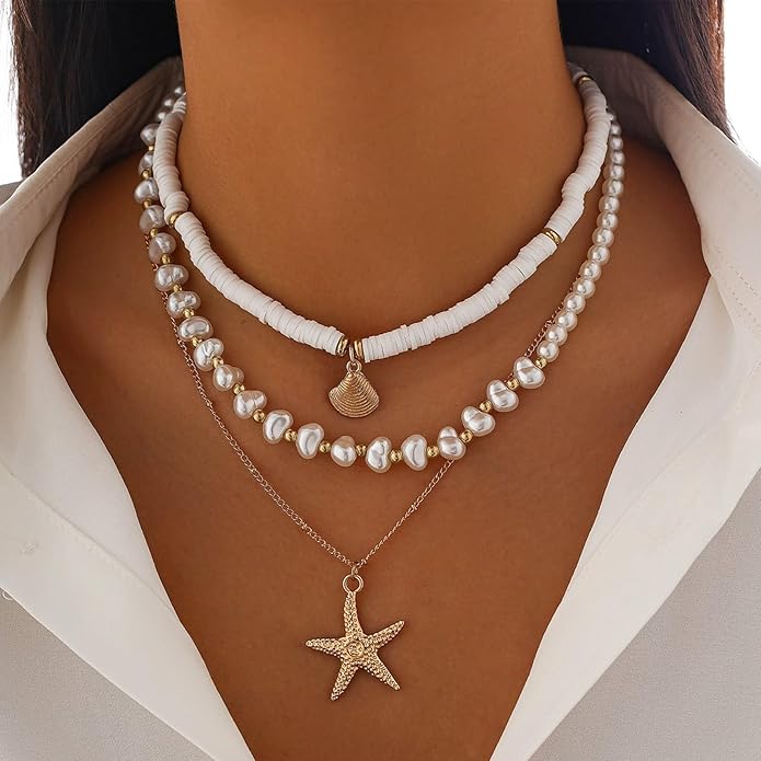 Gold Sea Shell Necklace Layered Charm Necklace for Women Boho Summer Seashell Beach Starfish Necklaces 14k Pearl Chain Surfer Jewelry Beach Vacation Essentials