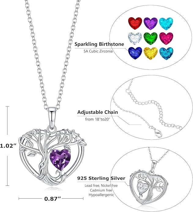Tree of Life Necklaces for Women 925 Sterling Silver Heart Pendant Birthstone Necklace Created Gemstone Jewelry for Her, 18"+2"