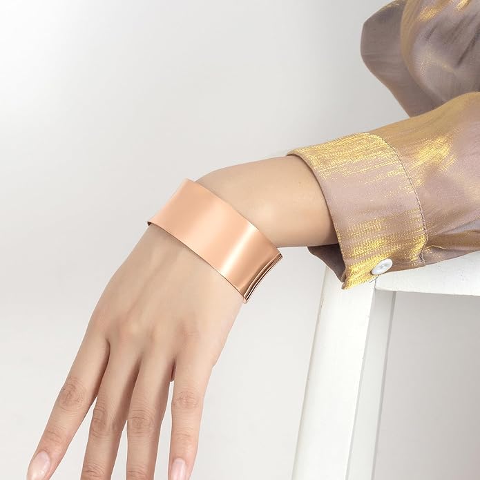 Dankadi Women 925 Sterling Silver Curved Bangle 30MM Wide Grooved Cuff Bangle Shiny Punk Open Bracelet Adjustable Plated 24k Gold/Rose Gold Jewelry Gift