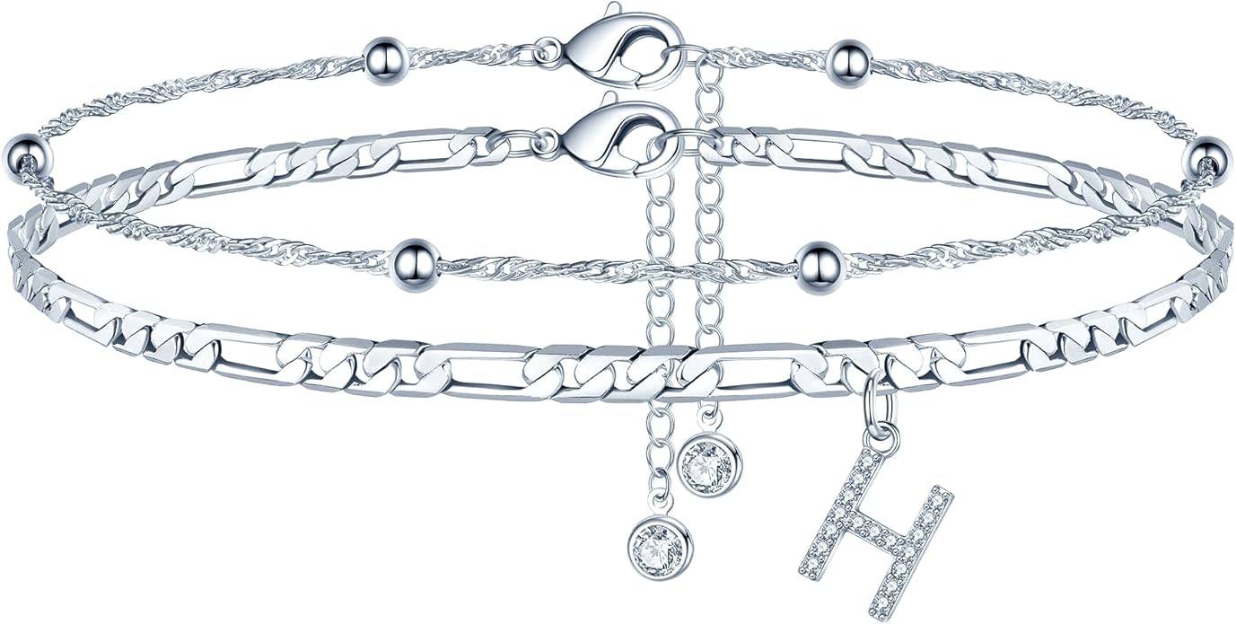 Ursteel Ankle Bracelets for Women, 14K Gold Plated Dainty Layered Chain CZ Initial Anklets Summer Jewelry Gifts for Women