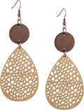 MINACHI Bohemian Hollow Cut-Out Wood Leather Dangle Drop Earrings, Boho Chic Hippie Statement Jewelry Gift for Women