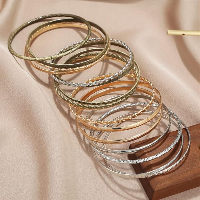 16Pcs Gold Bangle Bracelets for Women - Multi Layer Stackable Textured Bracelets Boho Jewelrys Set.