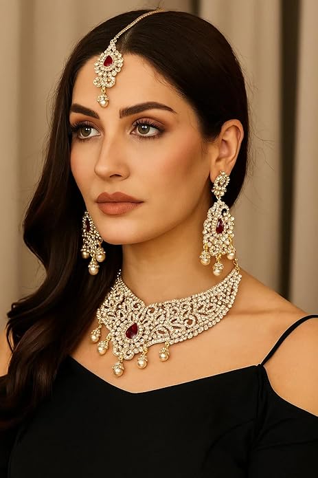 Touchstone Indian jewelry sets for women tikka wedding necklace costume guest statement bollywood rhinestones crystal faux pearls gold big royal neck piece set bridal fashion accessories