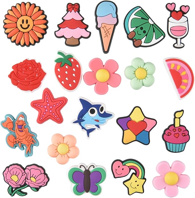 20PCS Cute Shoe Charms for Girls Teens - PVC Flower, Rainbow, Dessert Shoe Clips Decorations for Holely Shoes, Sneakers, Casual Footwear
