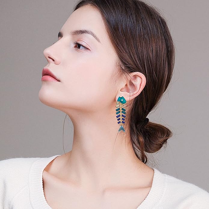 Creative Exaggerated Long Colorful Sparkly Crystal Fish Bone Dangle Drop Earrings Vintage Gold Cute Enamel Diamond Animal metal Stud Earrings