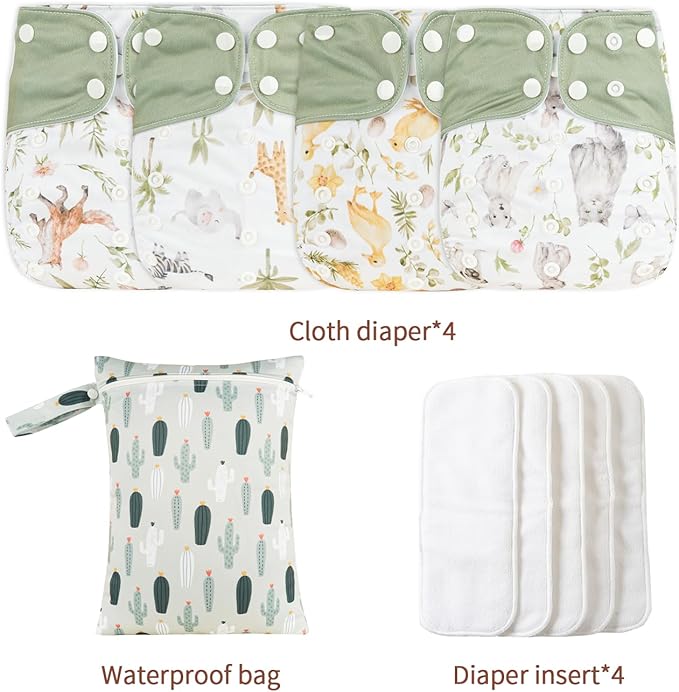 HappyFlute 9 Sets Newborn Baby Cloth Pocket Diapers Adjustable Reusable for Baby Boys and Girls(6-33 pounds,0-3 Years),One Wet Bag+4Diapers and 4Inserts (AD10)