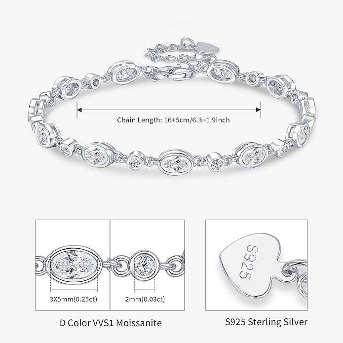 Oval Moissanite Link Bracelet for Women, 3.6cttw D Color VVS1 925 Sterling Silver Adjustable Oval Moissanite Bracelets for Mom Wife Birthday Jewelry Gifts