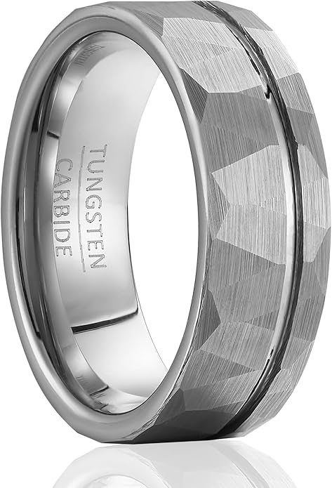 | Faceted Borderline Band - 8mm Wide Textured Grey Tungsten Ring for Men & Women