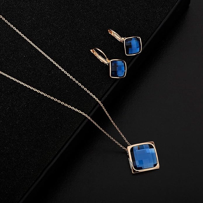 EVEVIC Square Austrian Crystal Necklace Earrings for Women Fashion 18K Gold Plated Hypoallergenic Jewelry Set