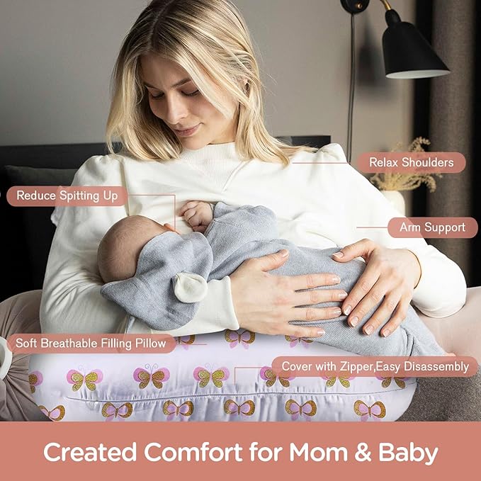 Little Grape Land Nursing Pillow, Breast Feeding Pillows for Mom, Butterfly Soft Cover with Breathable Filling, Feeding Support Pillow for 0-12 Months, Multifunctional Support Cushion for Travel