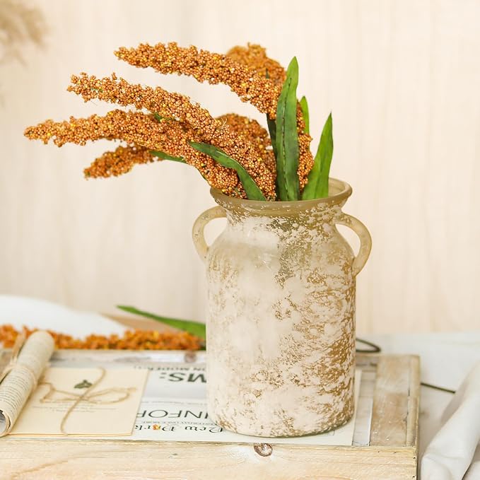 Glass Flower Vase with Handle- 8 Inches Rustic Imitation Ceramic Vase - Image 4