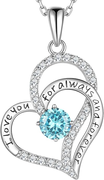 Birthday Gifts Double Heart Birthstone Necklace for Women, S925 Sterling Silver Pendant Necklace Jewelry for Her Mother Mom Wife Girlfriend