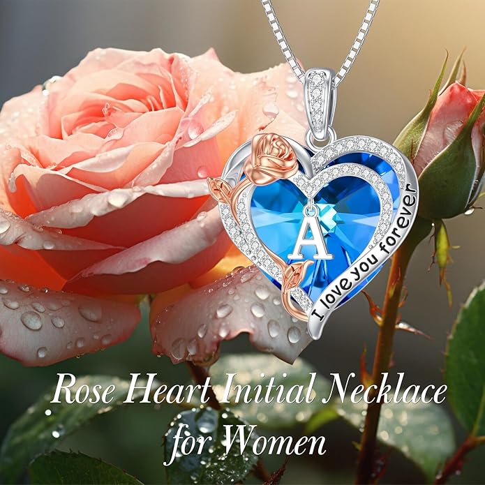 PELOVNY Rose Heart Initial Necklaces for Women S925 Sterling Silver Alphabet Letter Crystal Necklace Initial Pendant Jewelry Gifts for Mom Daughter Wife