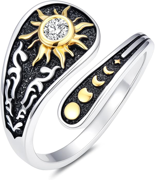 Midari Sun and Moon/Bee/Celtic/Life of Tree/Lotus Spoon Ring for Women 925 Sterling Silver Adjustable Ring Open Ring for Women Men Halloween Birthday Gift