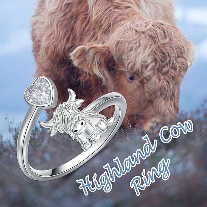 Highland Cow Ring 925 Sterling Silver Adjustable Ring Birthstone Ring Engraved Name Highland Cow Gifts Jewelry for Women