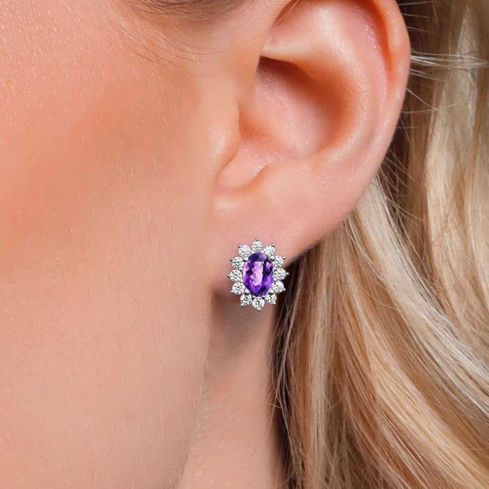 Gem Stone King 7X5MM Oval Gemstone Birthstone Stud Earrings For Women | Princess Diana Royal Halo Style | 925 Sterling Silver | Fine Jewelry Gifts for Anniversary Wedding Her Mom Women Wife