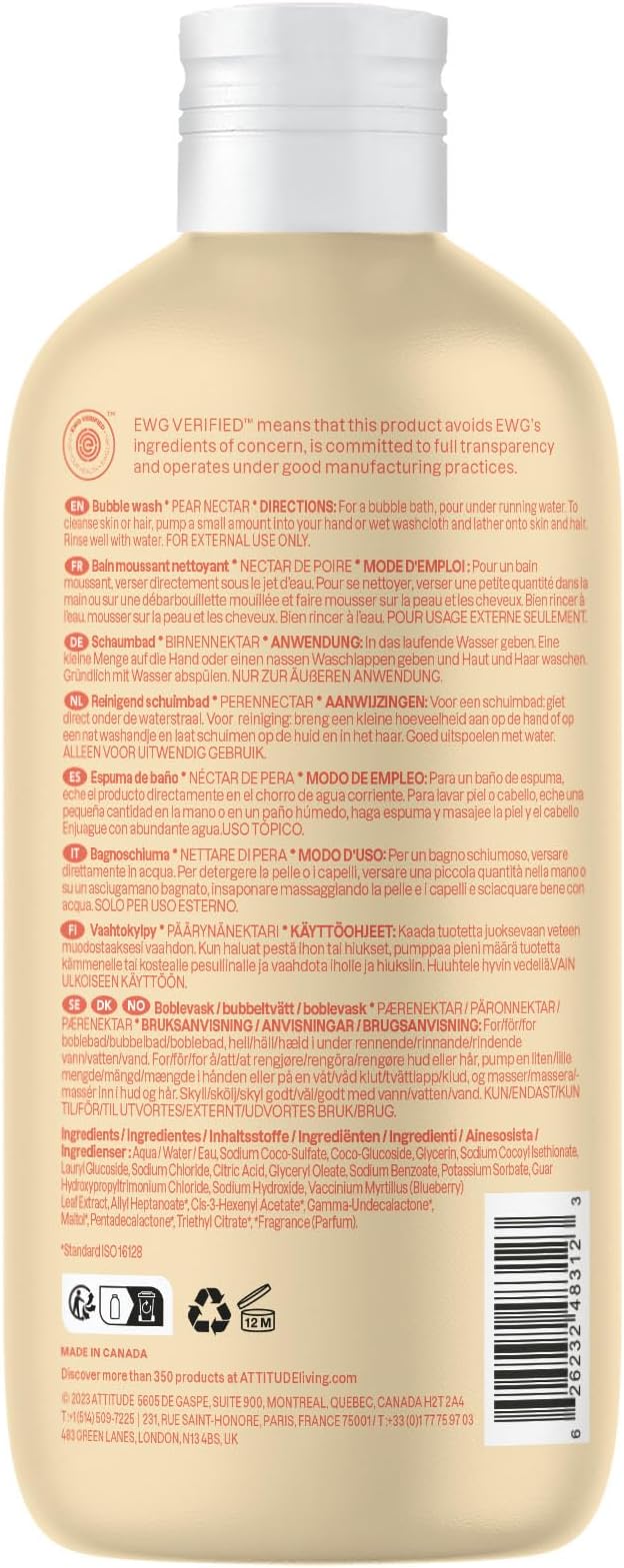 ATTITUDE Bubble Body Wash for Baby, EWG Verified, Dermatologically Tested, Plant and Mineral-Based, Vegan, Pear Nectar, 16 Fl Oz