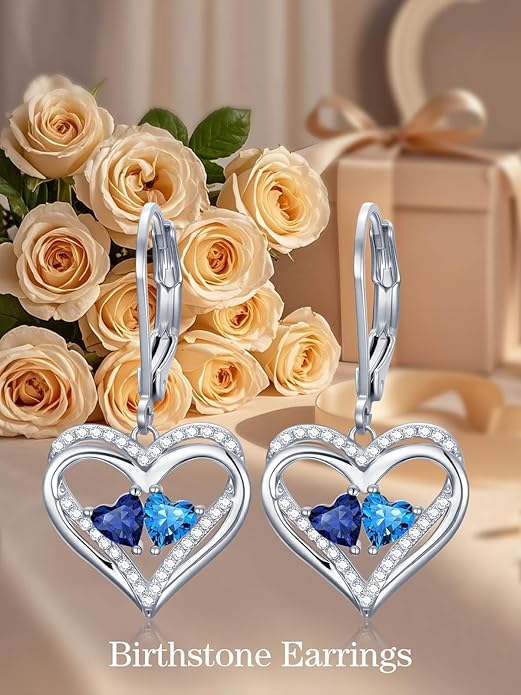 Valentines Day Gifts for Women, Heart Leverback Earrings Double Birthstone Dangle Earrings for Women, Love Jewelry for Her, Anniversary Birthday Gift for Mom Wife Girlfriend