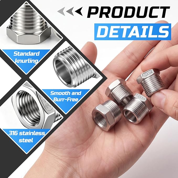 1/2" Mnpt to 1/4" Fnpt Male to Female 4 Pcs Hex Bushing Nipple Reducer - Image 3