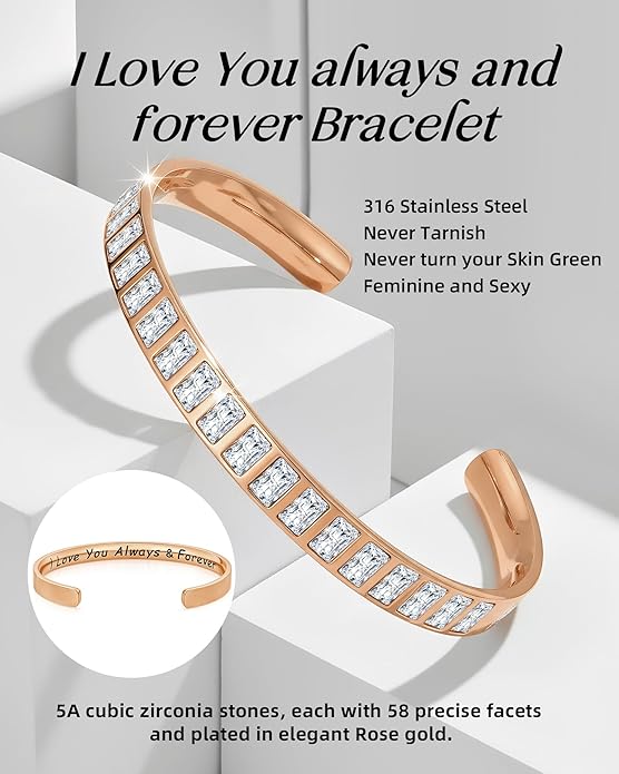 Rose Gold Plated Bracelets for Women, 5A Sparkling Square Cubic Zirconia Waterproof Never Tarnish Bangle Bracelet Jewelry, Equipped with Gift Box, Valentines Mother's Day Birthday Christmas Gifts for Women