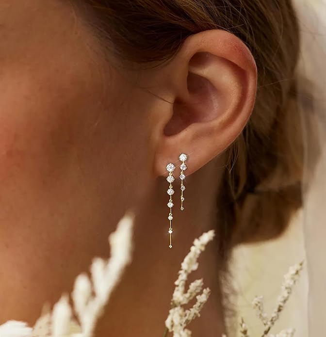 14K Gold Plated Dangle Earrings for Women Dainty Silver Drop Earring Trendy Small Long Dangling Wedding Bridesmaid Hoop Diamond Crystal Cute Earring Jewelry Valentine Gifts