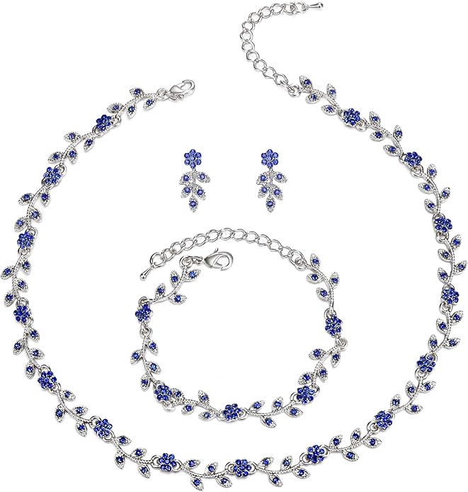 BriLove Wedding Jewelry Set for Women Bride, Gorgeous Stunning Crystal Flower Leaf Cluster Choker Necklace Link Bracelet Stud Earrings Bridal Bridesmaid