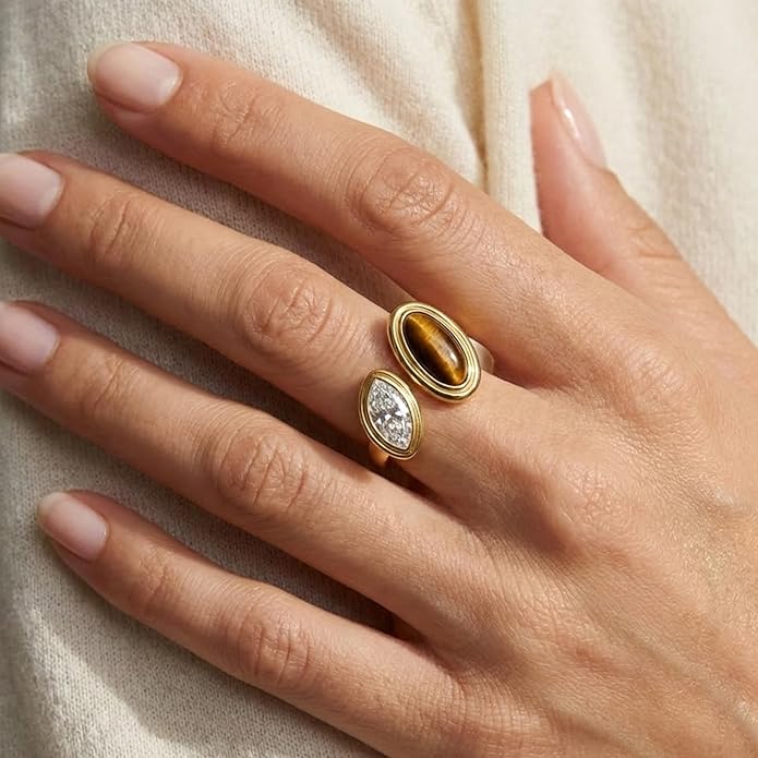 Mchic Adjustable Chunky Rings for Women: Dainty Natural Gemstone Ring Stainless Steel 18K Gold/Silver Plated Band Rings Non Tarnish Waterproof Statement Fashion Jewelry Gift for Women