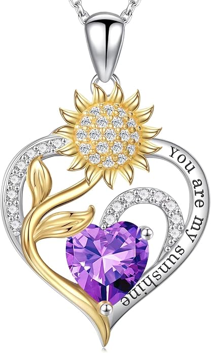 Iefil Valentines Day Gifts for Her - Sunflower Heart Birthstone Necklace Gifts for Women, Anniversary Birthday Gifts for Her 925 Sterling Silver Necklace You Are My Sunshine Jewelry for Wife Mom